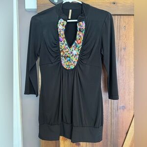 Unique Black V-Neck Blouse with Bead Detail. Medium.